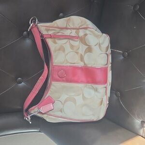 Coach Pink and Tan Canvas Signature Logo Jacquard Hobo F21873 Bag